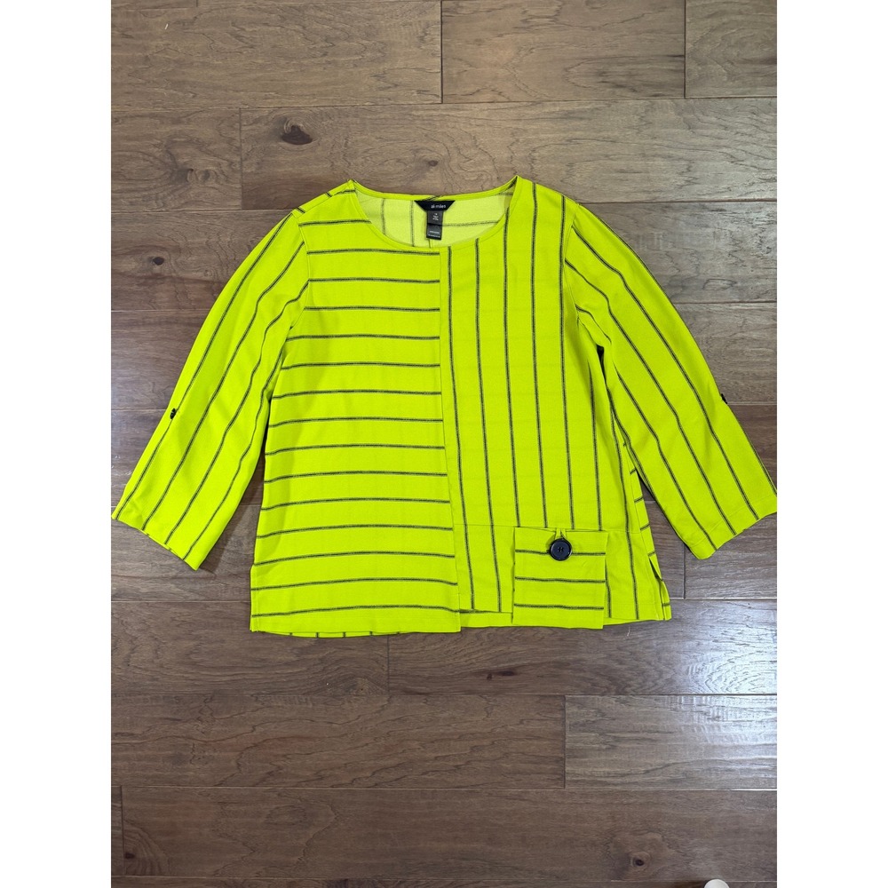Ali Miles Lime Green‎ Striped 3/4 Sleeve Top Plus Size 1X Mixed Pattern Blouse